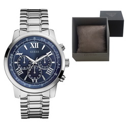 Часы наручные мужские Guess на браслете с синим циферблатом, сталь, цвет серебристый