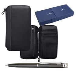 Подарочный набор: портмоне путешественника и шариковая ручка, телячья кожа, микрофибра, кристаллы Swarovski