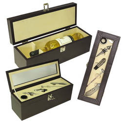 Винный набор Сомелье:коробка под бутылку, нож-штопор, пробка, капельное кольцо, воронка, термометр, кожзам, цвет коричневый