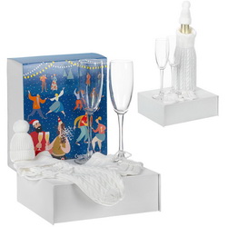Подарочный набор в подарочной коробке с ложементом и новогодним шубером: два бокала для шампанского по 175 мл, чехол для шампанского с колпачком и помпоном, игрушка на елку в виде вязаных рукавичек, стекло, акрил