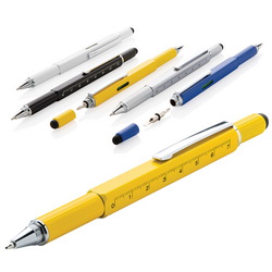 Многофункциональная ручка 5-в-1: линейка 7см, спиртовой уровень, отвертка, стилус, синяя шариковая ручка, латунь, алюминий