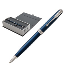 Ручка шариковая Parker «Sonnet Core Subtle Blue CT», нержавеющая сталь, глянцевый лак синего цвета, торец ручки и кольцо - латунь, покрытая палладием, зажим колпачка - сталь, покрытая палладием