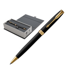 Ручка шариковая Parker «Sonnet Core Matte Black GT», латунь, матовый чёрный лак с сатиновым эффектом, торец ручки и кольцо- латунь, покрытая золотом, зажим колпачка - сталь, покрытая золотом