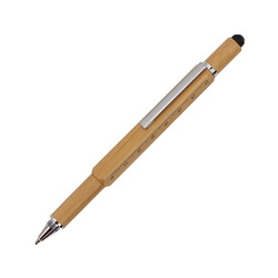Многофункциональня экологичная ручка-стилус: линейка на 7 см, под стилусом крестовая и плоская отвертки, в корпус встроен уровень для определения отклонения от горизонтальной или вертикальной поверхности,бамбук, металл
