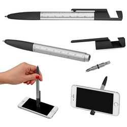 Ручка шариковая многофункциональная "Colombo" с подставкой для телефона и отверткой, металл с покрытием софт-тач, пластик