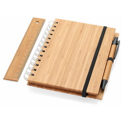 Канцелярский набор: блокнот на пружине, шариковая ручка, линейка, бамбук