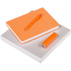 Подарочный набор: ежедневник недатированный А5 из материала с фактурой вельвета, белый блок, 336стр, ляссе оранжевого цвета., внешний аккумулятор 2000 мАч, шариковая ручка Prodir, искусственная кожа, пластик