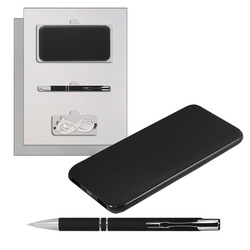 Подарочный набор "Эриче" из 2-х предметов: внешний аккумулятор 10000 mAh, пластик, ручка шариковая, металл в подарочной коробке с ложементом, в комплекте кабель USB-Kaбель 3-B-1: micro USB, iPhone 5/6/7/8/X, Type C
