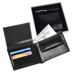 Набор: портмоне с отделениями для кредитных карт и шариковая ручка, кожа, металл, в подарочной коробке