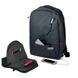 Рюкзак для ноутбука с USB разъемом "Techno", разъем можно использовать для подзарядки устройств (внутри рюкзака кабель для соединения с power bank), внешний материал полиэстр 600D с PU подкладом, водонепроницаемый (защита от дождя и брызг).