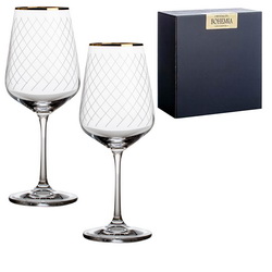 Набор из 2 бокалов для вина по 450 мл с декорацией и золотой обводкой, выдувное хрустальное стекло, в подарочной коробке, Чехия