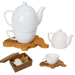 Чайный набор "Летиция": чайник, 360 мл, и чашка, 180 мл, на подставке, в подарочной упаковке, фарфор, бамбук