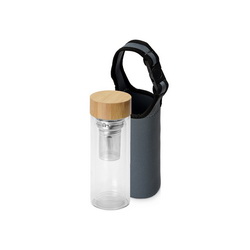 Стеклянный термос с ситечком в чехле, бутылка- боросиликатное стекло, бамбук, металл, чехол- неопрен