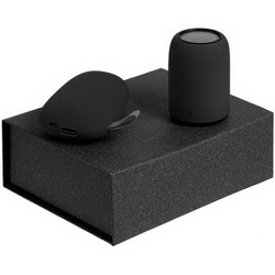 Набор: беспроводная Bluetooth колонка и зарядное устройство 5200 mAh с покрытием имитирующим камень, пластик, металл, в подарочной коробке с ложементом