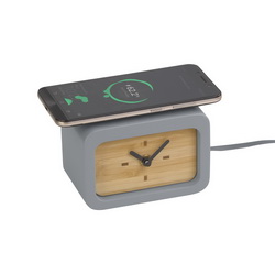 Часы с беспроводным зарядным устройством (5 W), встроенный кабель с выходом USB, камень, бамбук, батарейка для часов (тип АА 1 шт.) не входит в комплект