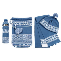 Подарочный набор: Шапка с помпоном и шарф со скандинавскими мотивами, термос в чехле с колпачком и помпоном, сумка с кисточкой, акрил