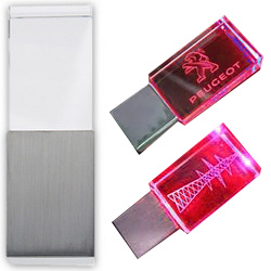 Флэш-карта 16Gb, стекло, серебристый металл, с красной подсветкой и лазерной гравировкой 3D
