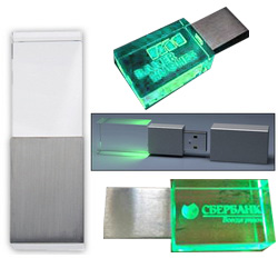 Флэш-карта 16Gb, стекло, серебристый металл, с зеленой подсветкой и лазерной гравировкой 3D