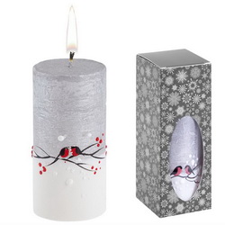 Свеча ручной работы "Снегири", в форме цилиндра, парафин, в подарочной коробке