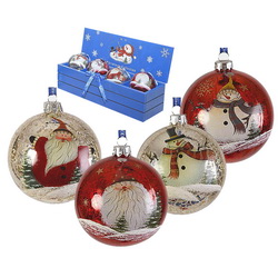 Набор "Веселые снеговики и Деды Морозы" из 4-х коллекционных елочных шаров в деревянной подарочной коробке, дерево, стекло
