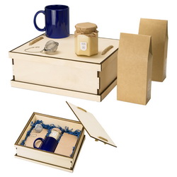 Подарочный набор "Бодрое утро" в коробке с наполнителем : кружка, баночка крем-мёда со вкусом ванили, два вида чая (чёрный и зелёный) и ситечко для заварки, дерево, керамика, металл